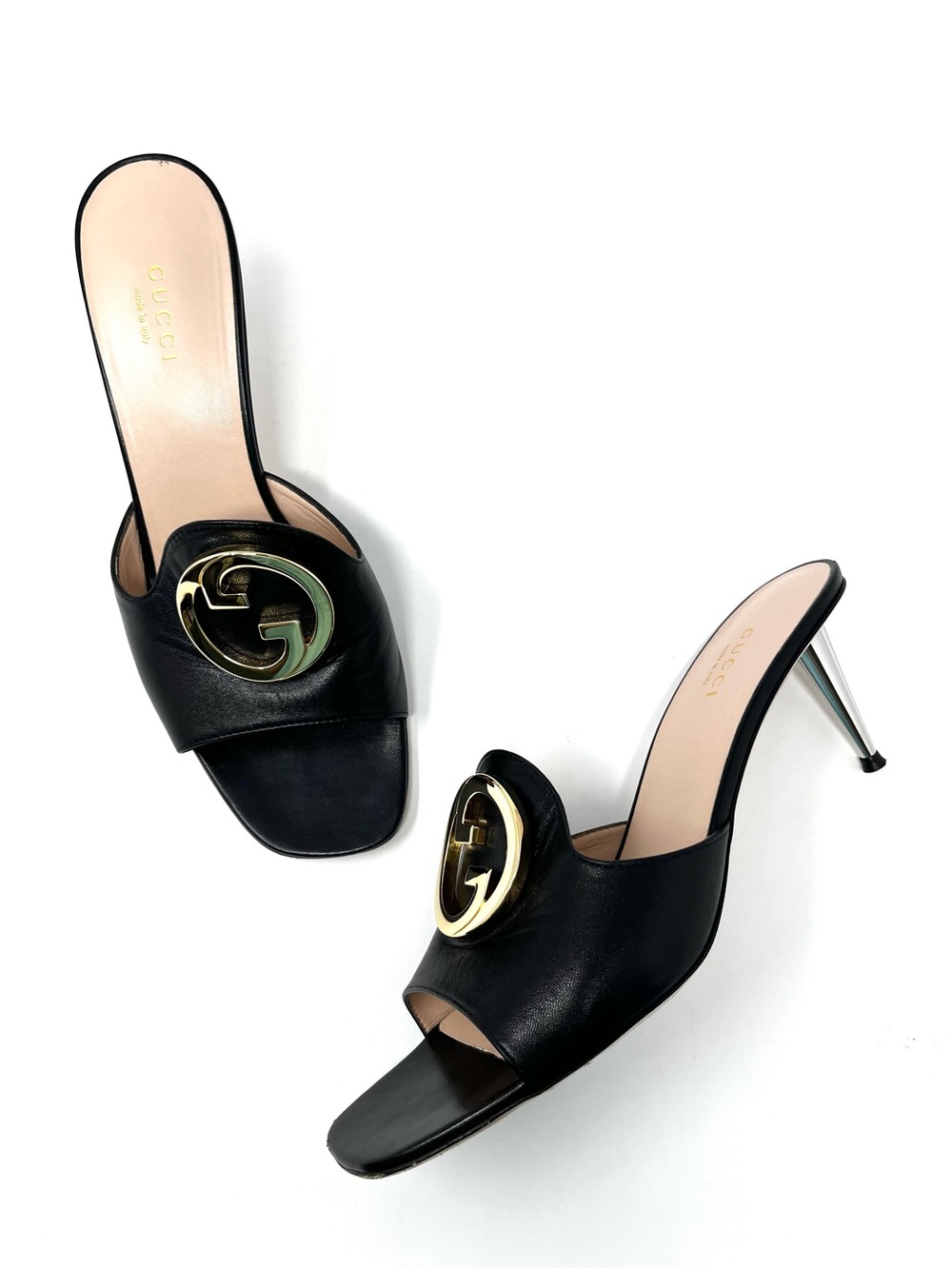 Gucci Blondie Interlocking G Logo Slides Sandals Heels Black Leather Gold 38.5